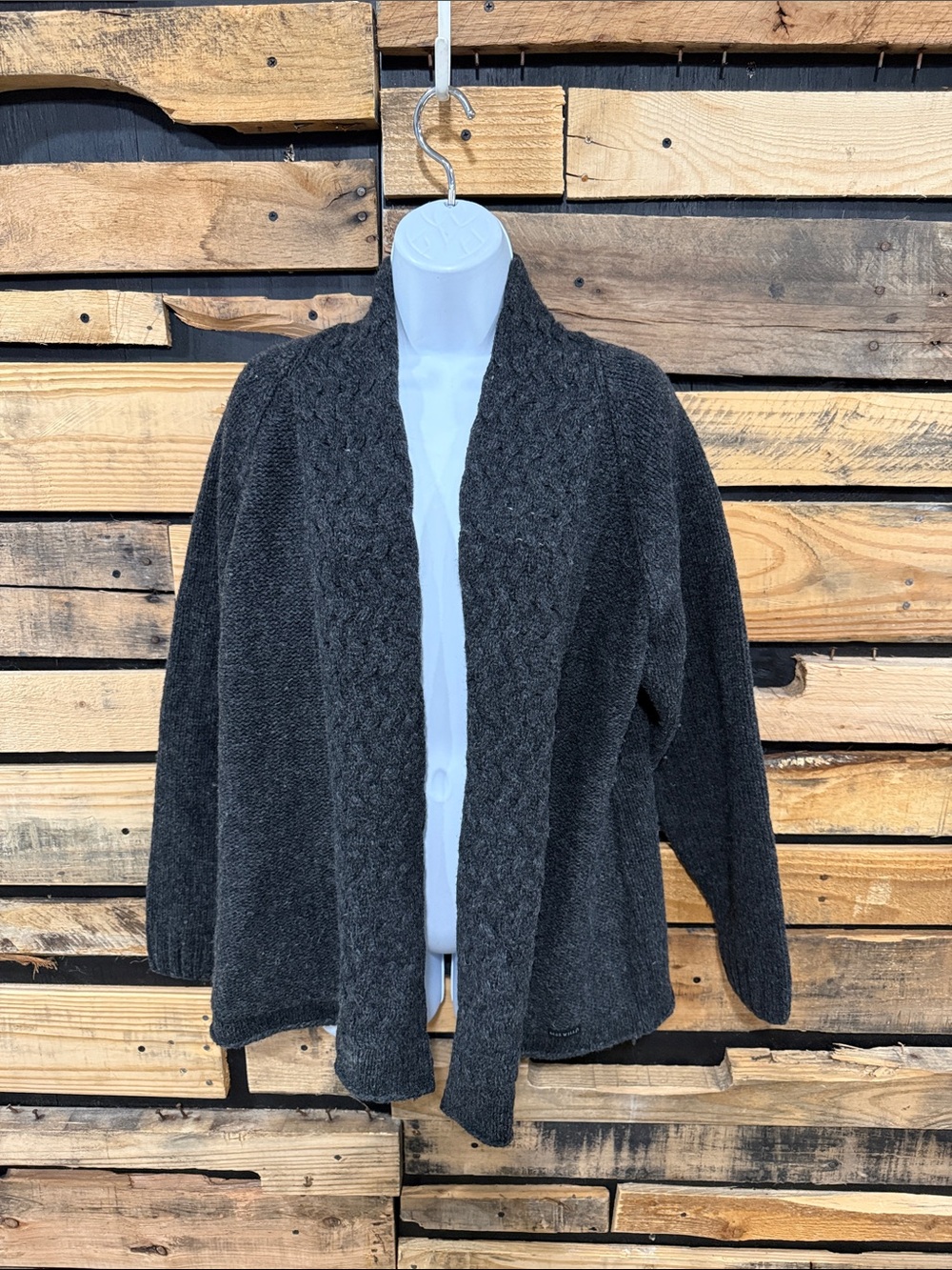 VTG Blue Willi’s Charcoal Gray 100% Wool Danish Open Front Cardigan Size XL